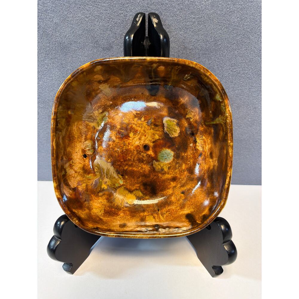 Handmade Square Pottery Bowl MCM Brown Tones 5.5” Diameter